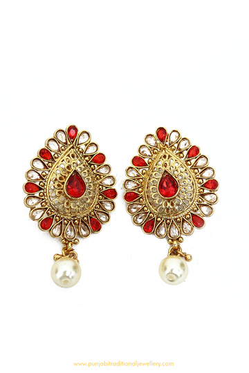 Antique Gold Finished Red Polki Studs By PTJ